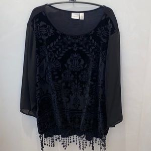 Chico's Size 3 Velvet Burnout Front Top with Sheer Sleeves and Fringe